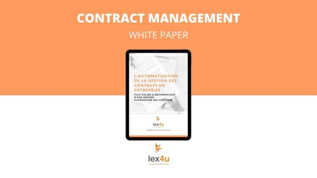 Affiche ayant un en-tête : "Contract Management White Paper" avec une tablette juste au-dessous avec écrit : 'L'automatisation de la gestion des contrats en entreprise"
